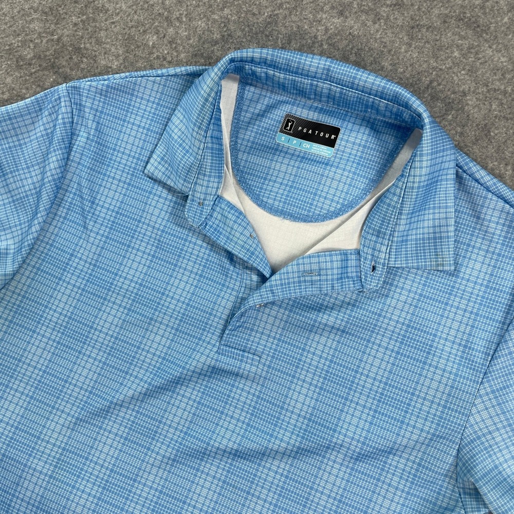 PGA Tour Mens Polo Shirt Small Blue Plaid Performance Short Sleeve Polyester